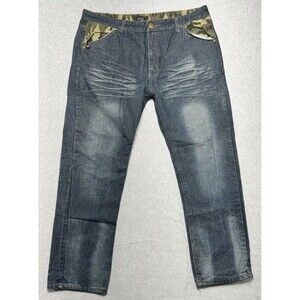 Fiend Jeans Mens Size 40 (38x30) Blue Camo Whiskers Denim Distressed Flap Pocket